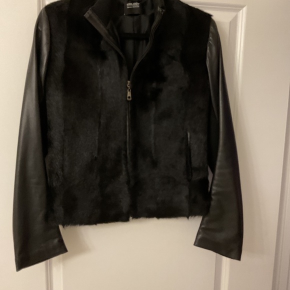 Leather/fur jacket black by Trilogy Collection size M - Picture 4 of 7